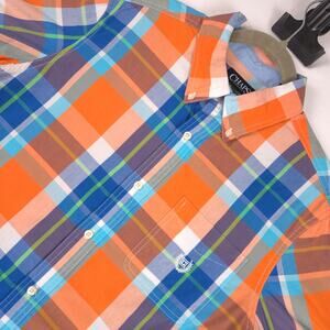 Chaps Ralph Lauren M Plaid Button Up Shirt Orange Blue Cotton Blend Short Sleeve